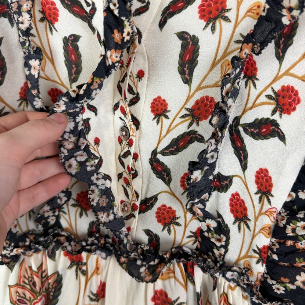 Farm Rio Ruffled Mock Neck Mini Dress Small Berry Garden Botanical Floral Tiered - Picture 3 of 16